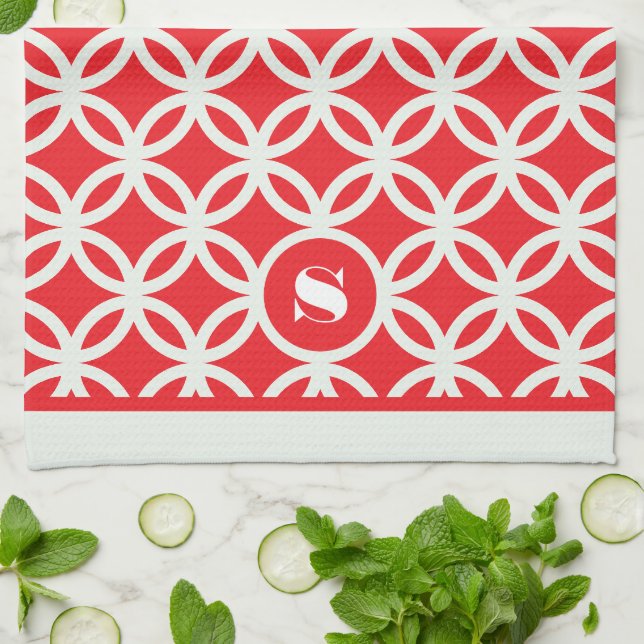 Red Modern Geometric Pattern Monogram  Tea Towel (Folded)