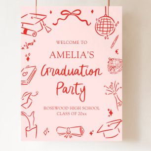 Red Modern Hand Drawn Graduation Party Welcome Poster