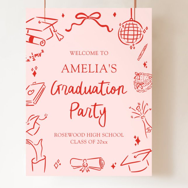Red Modern Hand Drawn Graduation Party Welcome Poster (Red Modern Hand Drawn Graduation Party Welcome)