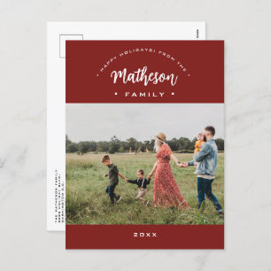 Red Modern Happy Holidays Custom Family Photo Year Holiday Postcard