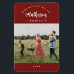 Red Modern Happy Holidays Custom Family Photo Year Magnet<br><div class="desc">Chic, stylish, inclusive and thoughtful. Send a special greeting of cheer with this custom family Holiday magnetic card. The words "Happy Holidays!" on a curved path on top of your family script last name. Modern red for a festive touch. Choose your favourite family photo to share. Being a magnet card...</div>