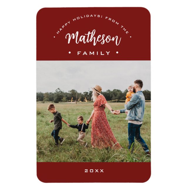 Red Modern Happy Holidays Custom Family Photo Year Magnet (Vertical)