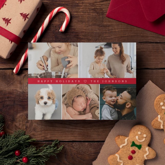 Red Modern Happy Holidays Family Photo Collage Holiday Card (Happy Holidays red accent photo collage.)