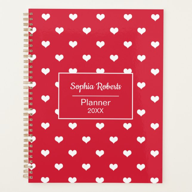 Red modern hearts pattern personalised planner (Front)