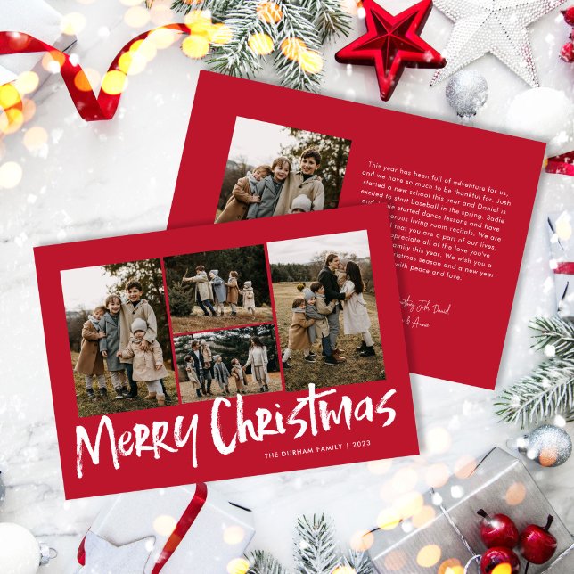 Red Modern Lettering Five Photo Merry Christmas  Holiday Card (Creator Uploaded)
