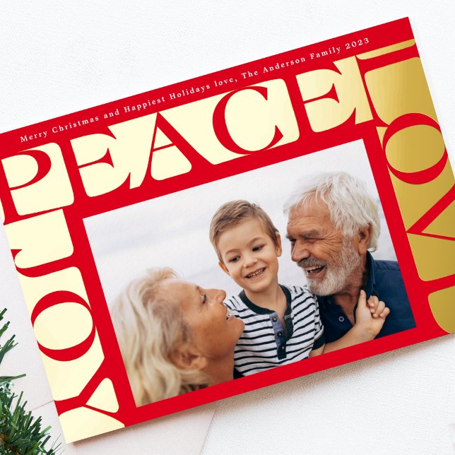 RED Modern LOVE PEACE JOY one photo frame Foil Holiday Card (Creator Uploaded)
