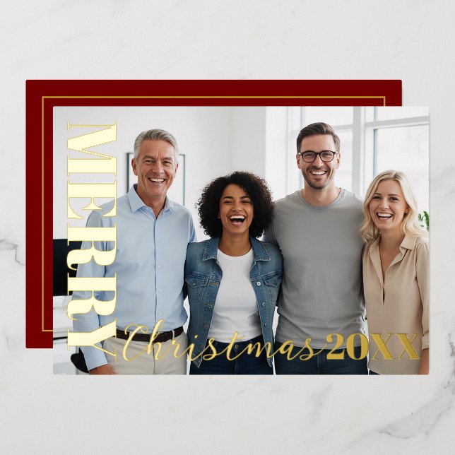 Red Modern Merry Christmas Company Logo Photo Gold Foil Holiday Card (Front/Back)