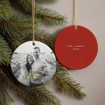 Red Modern Merry Christmas Custom Photo Ceramic Ornament<br><div class="desc">Fun,  festive "Merry Christmas" lettering on the front with photo and custom text on a festive red background.</div>