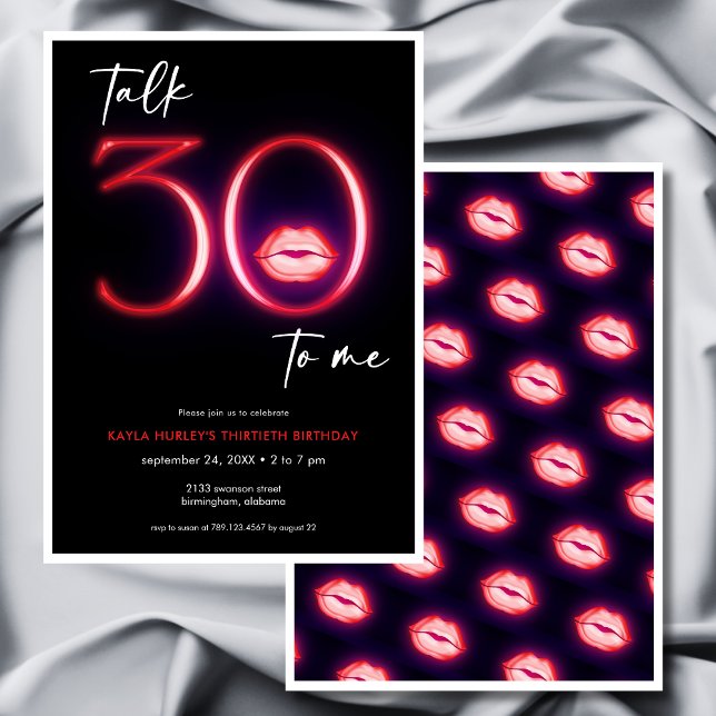 Red Modern Minimal Neon Lips Talk Thirty Birthday Invitation (Creator Uploaded)