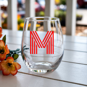 Red Modern Monogram Initial Letter Stemless Wine Glass