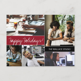Red Modern Photo Collage Company Holiday Postcard