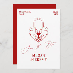 Red modern romantic vintage heart lock wedding save the date