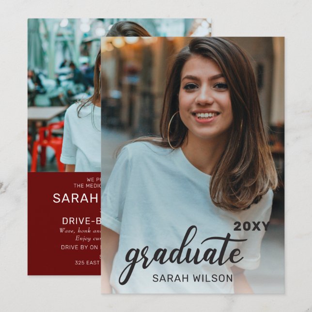 Red Modern Script Graduate Two Photos Drive By Invitation (Front/Back)