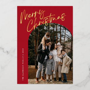 Red Modern Script Merry Christmas Arch 2 Photo Foil Holiday Card