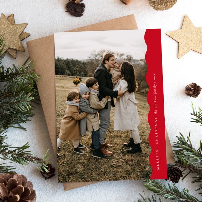 Red Modern Simple Wavy Two Photo Christmas  Holiday Card (Creator Uploaded)