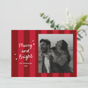 Red Modern Stripe Merry and Bright Christmas Photo Holiday Card