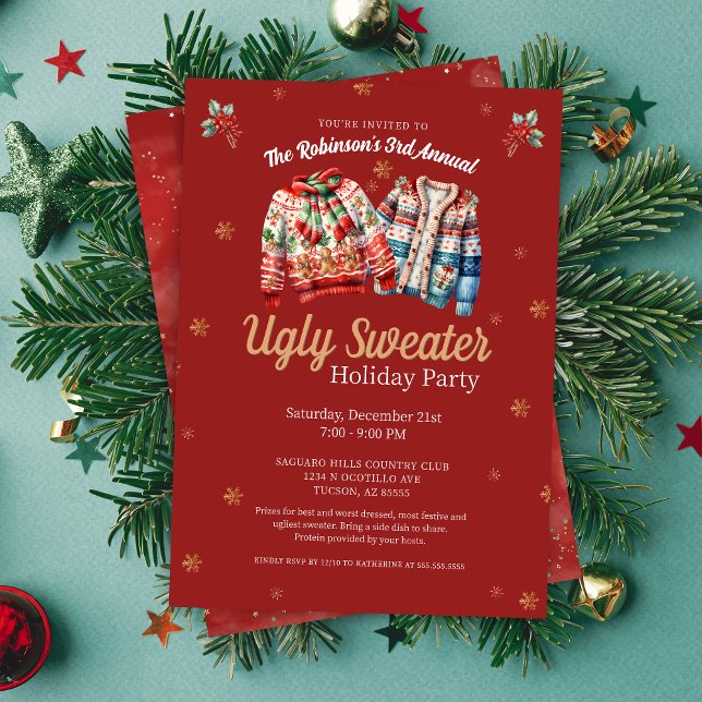 Red Modern Tacky Ugly Sweater Christmas Party Invitation (red ugly sweater christmas party invitation)