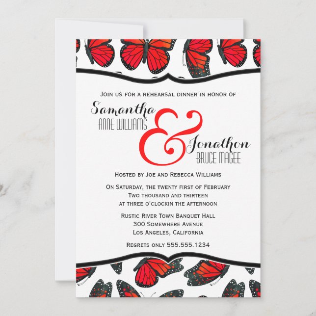 Red Monarch Butterfly Reheasal Dinner Invitation (Front)