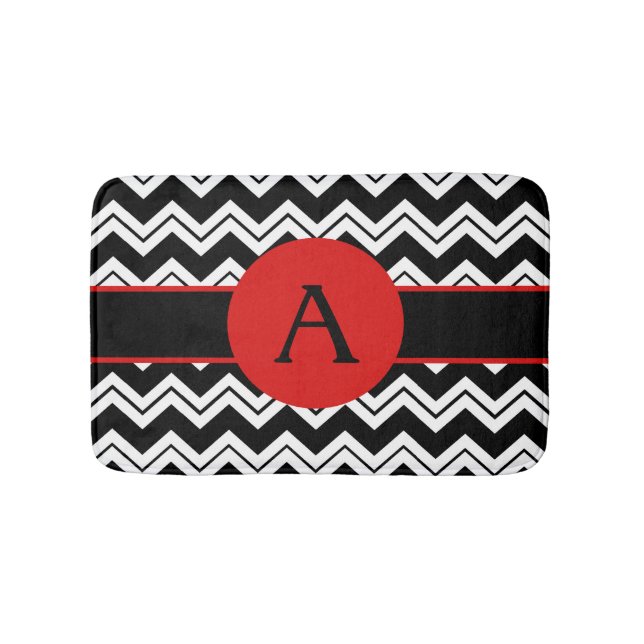 Red Monogram Black White Chevron ZizZag Rug (Front)