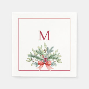 Red Monogram Christmas Holiday Greenery Napkin