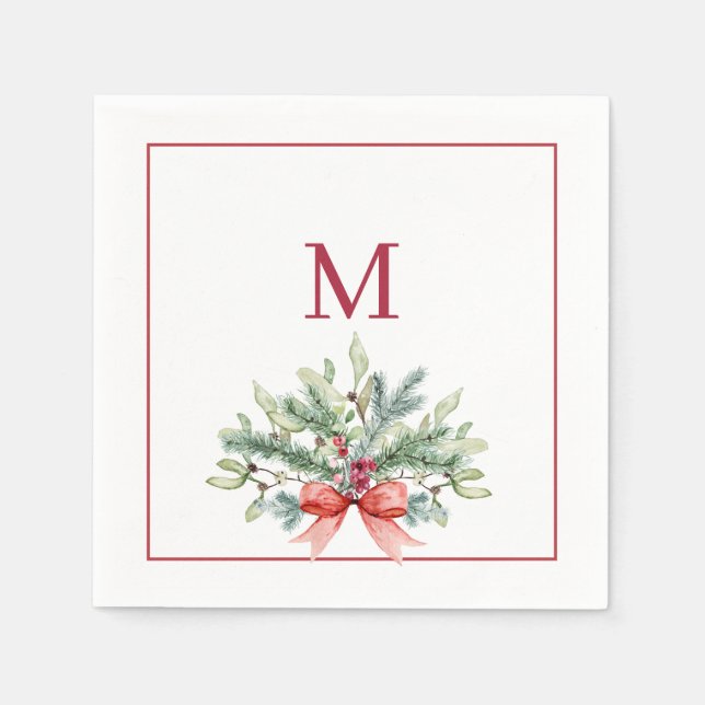 Red Monogram Christmas Holiday Greenery Napkin (Front)