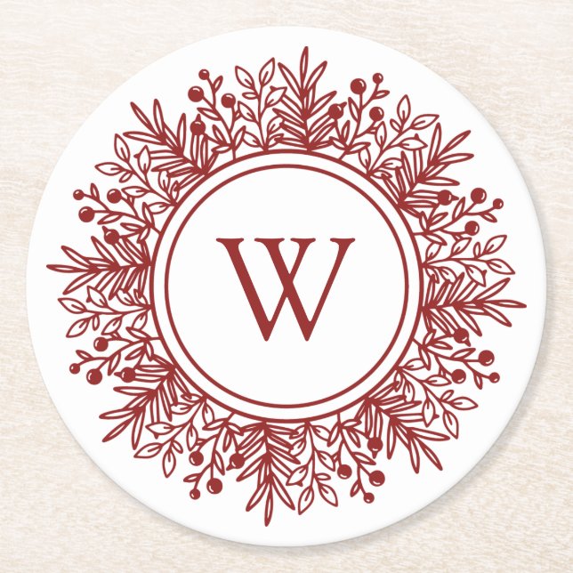 Red Monogram Christmas Round Paper Coaster (Front)