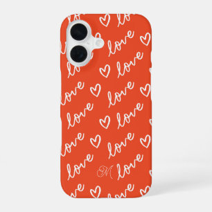 Red Monogram Cute Love Hearts Pattern iPhone 16 Case