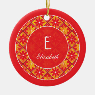Red Monogram Decorative Floral Tiles Ornament