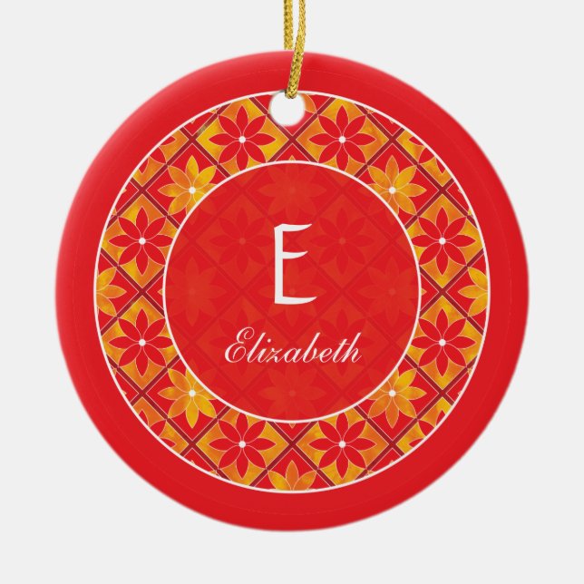 Red Monogram Decorative Floral Tiles Ornament (Front)