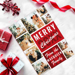 Red Monogram Family Photo Collage Christmas Card