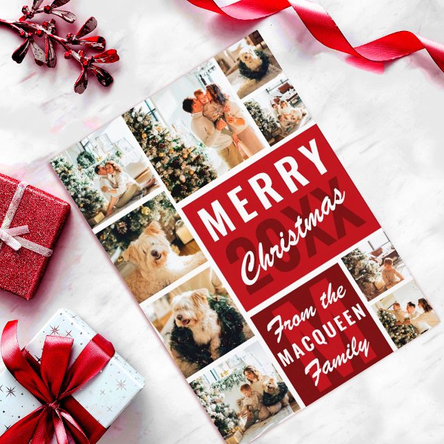 Red Monogram Family Photo Collage Christmas Card (Creator Uploaded)
