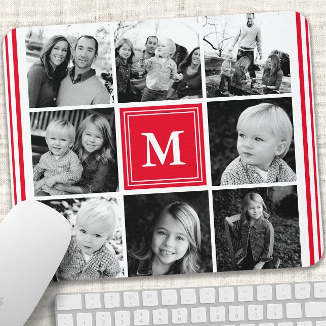 Red Monogram Family Photo Collage Mouse Pad (Creator Uploaded)