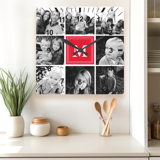 Red Monogram Family Photo Collage Square Wall Clock (Creator Uploaded)