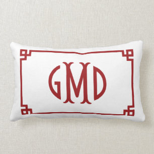Red Monogram Greek Key Border Lumbar Pillow