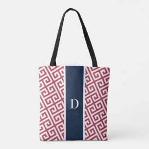Red Monogram Greek Key Tote Bag