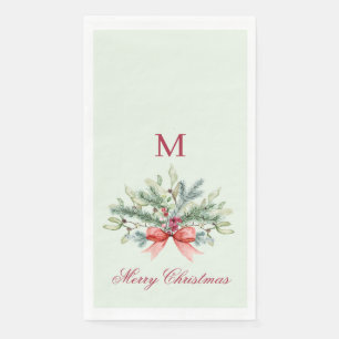 Red Monogram Greenery Merry Christmas Napkin