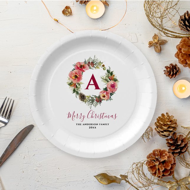 Red Monogram Greenery Pink Wreath Christmas  Paper Plate (Creator Uploaded)