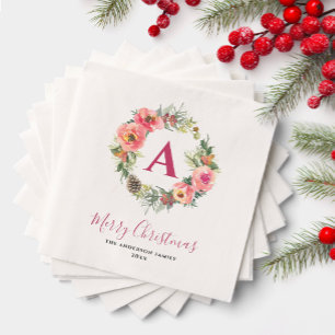 Red Monogram Greenery Pink Wreath Christmas Party Napkin
