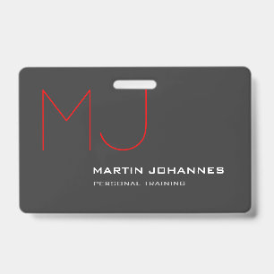 Red Monogram Grey Personal Trainer Business ID Badge