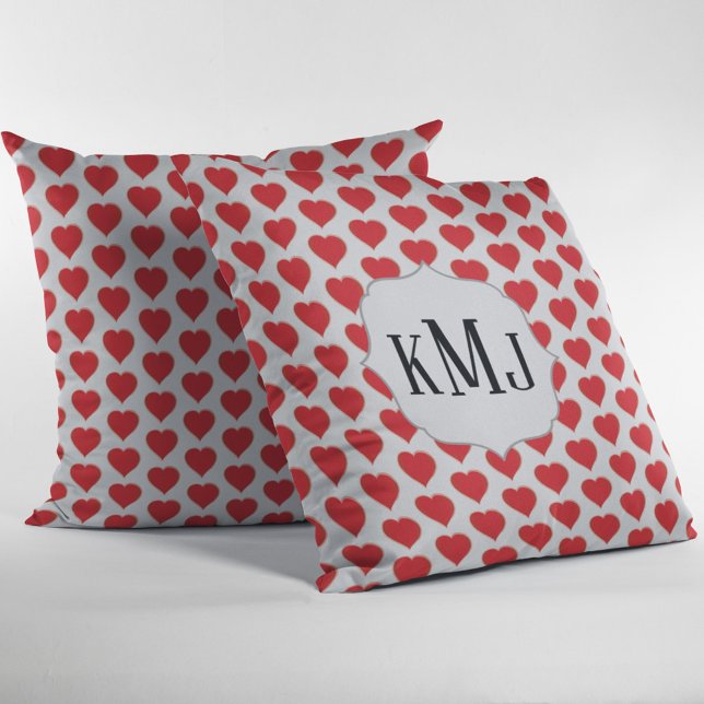 Red Monogram Heart Pattern Custom Cushion (Cute heart pattern monogram pillow. )
