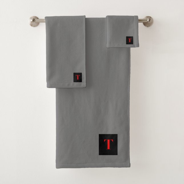 RED MONOGRAM INITIAL T ON GRAY BATH TOWEL SET (Insitu)