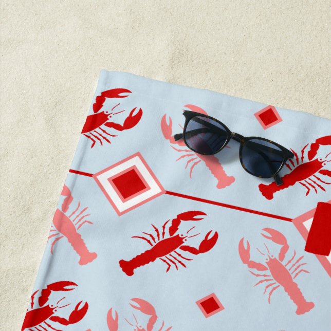 Red Monogram & Lobster Sea Life Coastal Theme Beach Towel (In Situ)