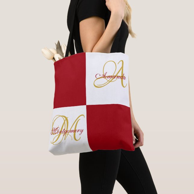 Red Monogram Modern Stylish Elegant Initial Tote B (Close Up)