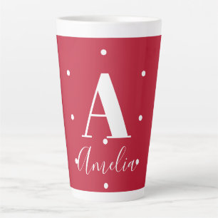 Red Monogram Name Polka Dots Pattern Latte Mug