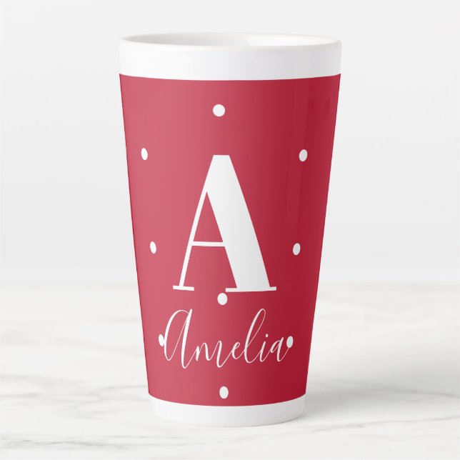 Red Monogram Name Polka Dots Pattern Latte Mug (Front)