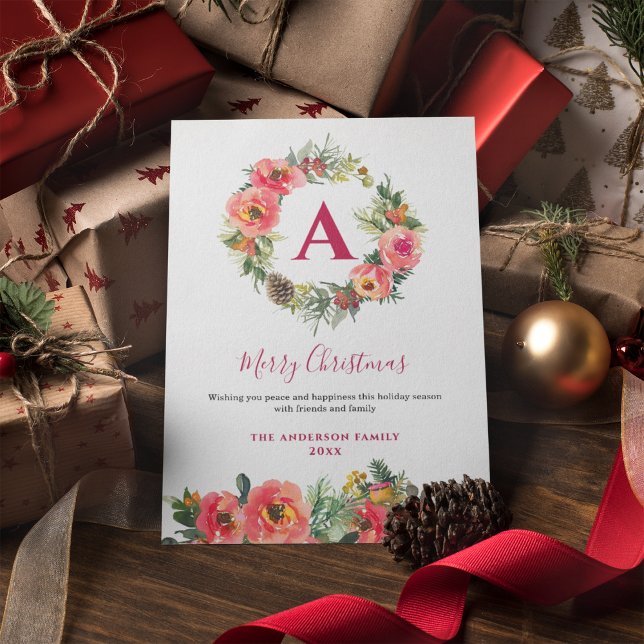 Red Monogram Pink Botanical Wreath Christmas Card (Creator Uploaded)
