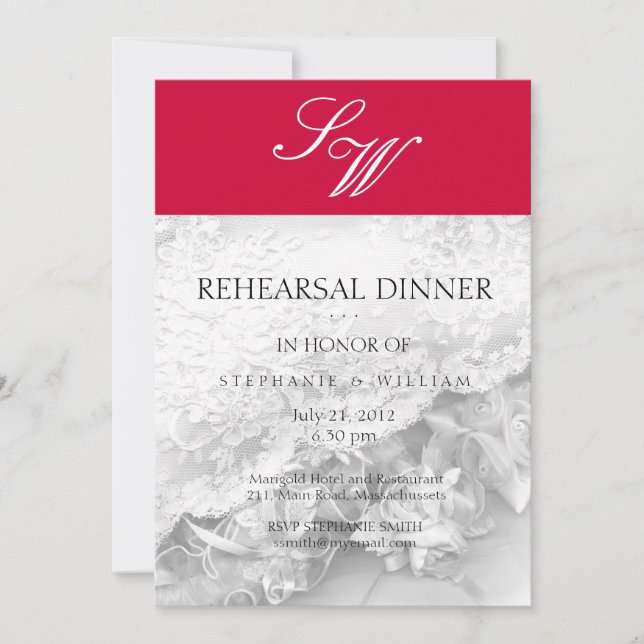 Red Monogram Rehearsal Dinner Card (Front)