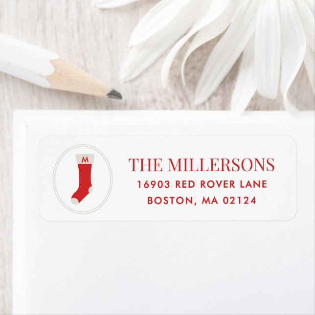 Red Monogram Stocking Holiday Return Address Label (Insitu)