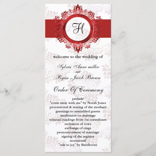 red monogram Wedding program (Front)