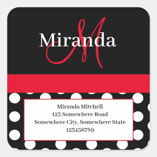 Red Monogram White Polka Dot Return Address Square Sticker (Front)